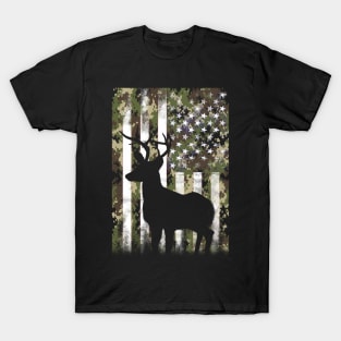 Deer Elk Buck Camouflage Camo US Flag Hunting T-Shirt